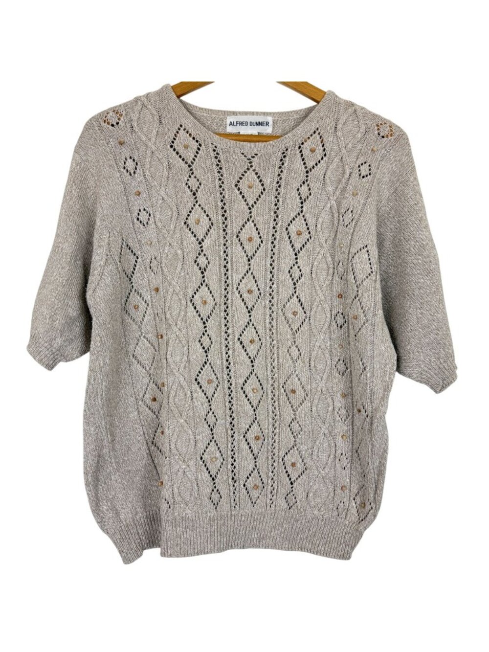 Alfred Dunner Short-Sleeve Knit Sweater Sz Large Beaded Cotton Blend Beige